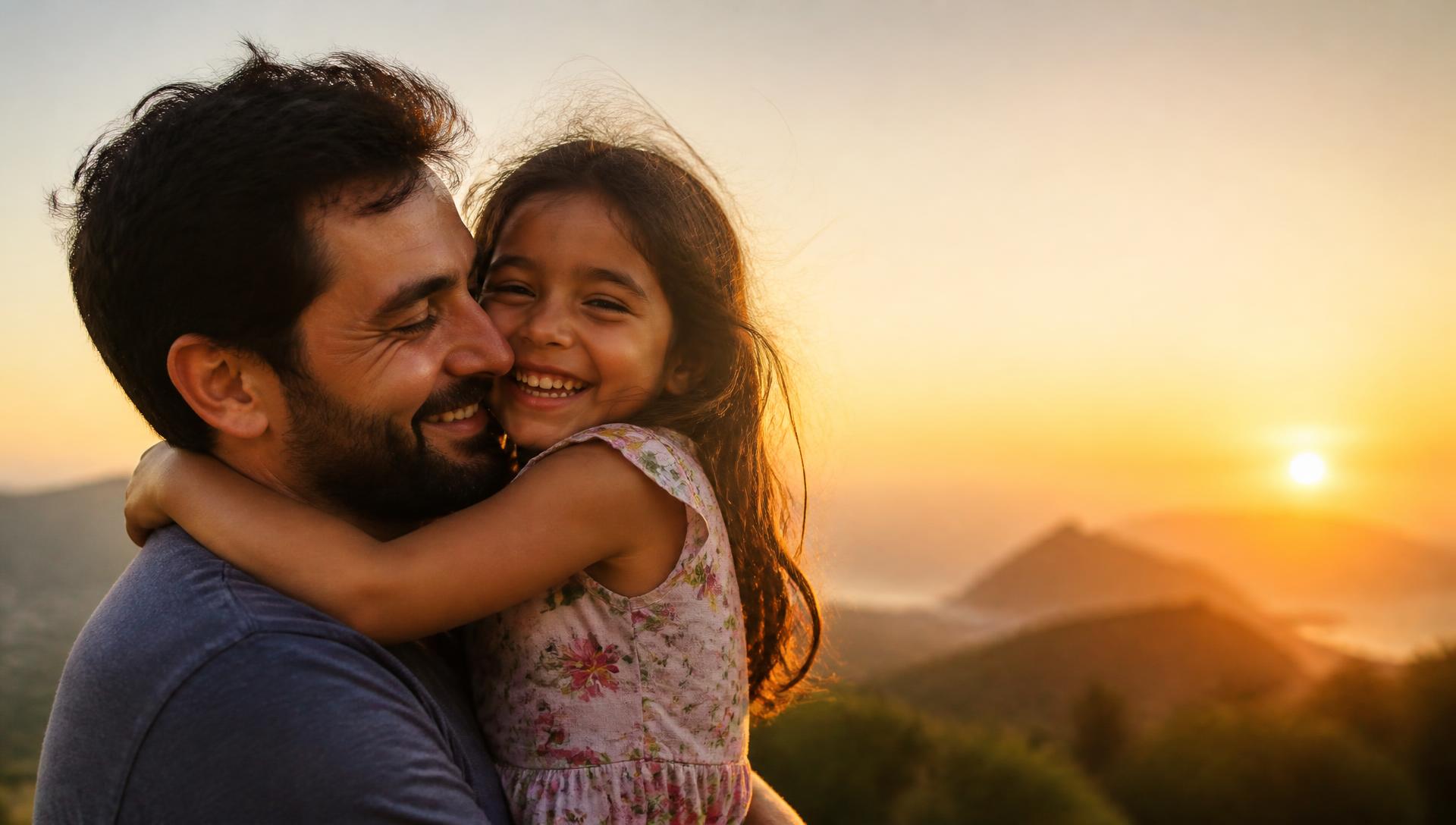 Pai abraçando a filha ao pôr do sol